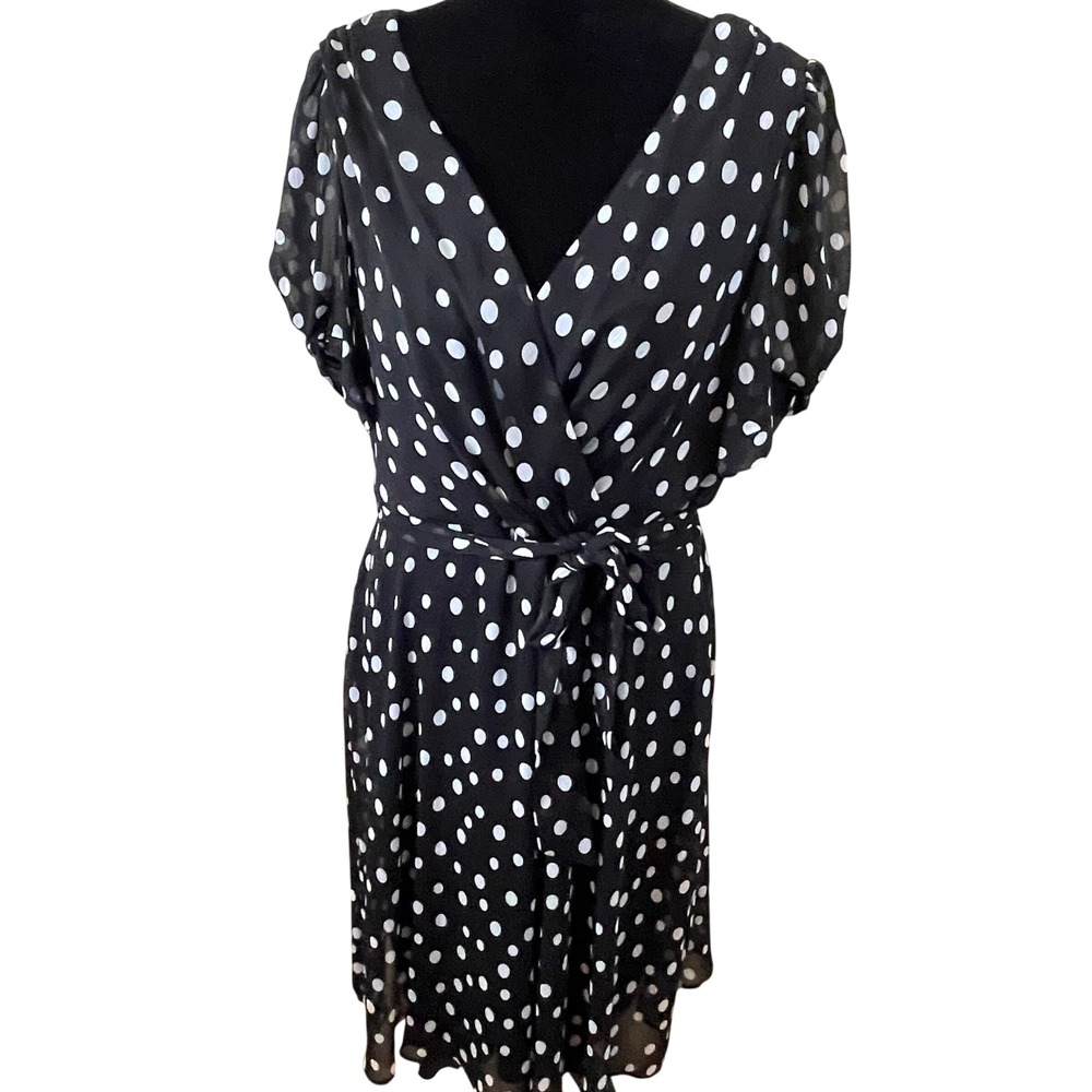 Connnected Apparel Black and White Polka Dot Midi Dress Sz 16‎ V-Neck Faux-Wrap